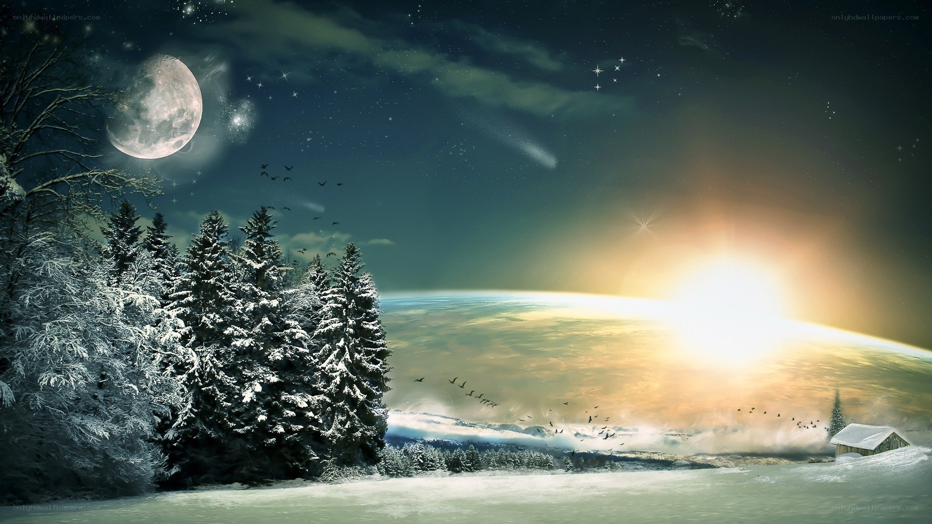 Winter night with moon and sunrise