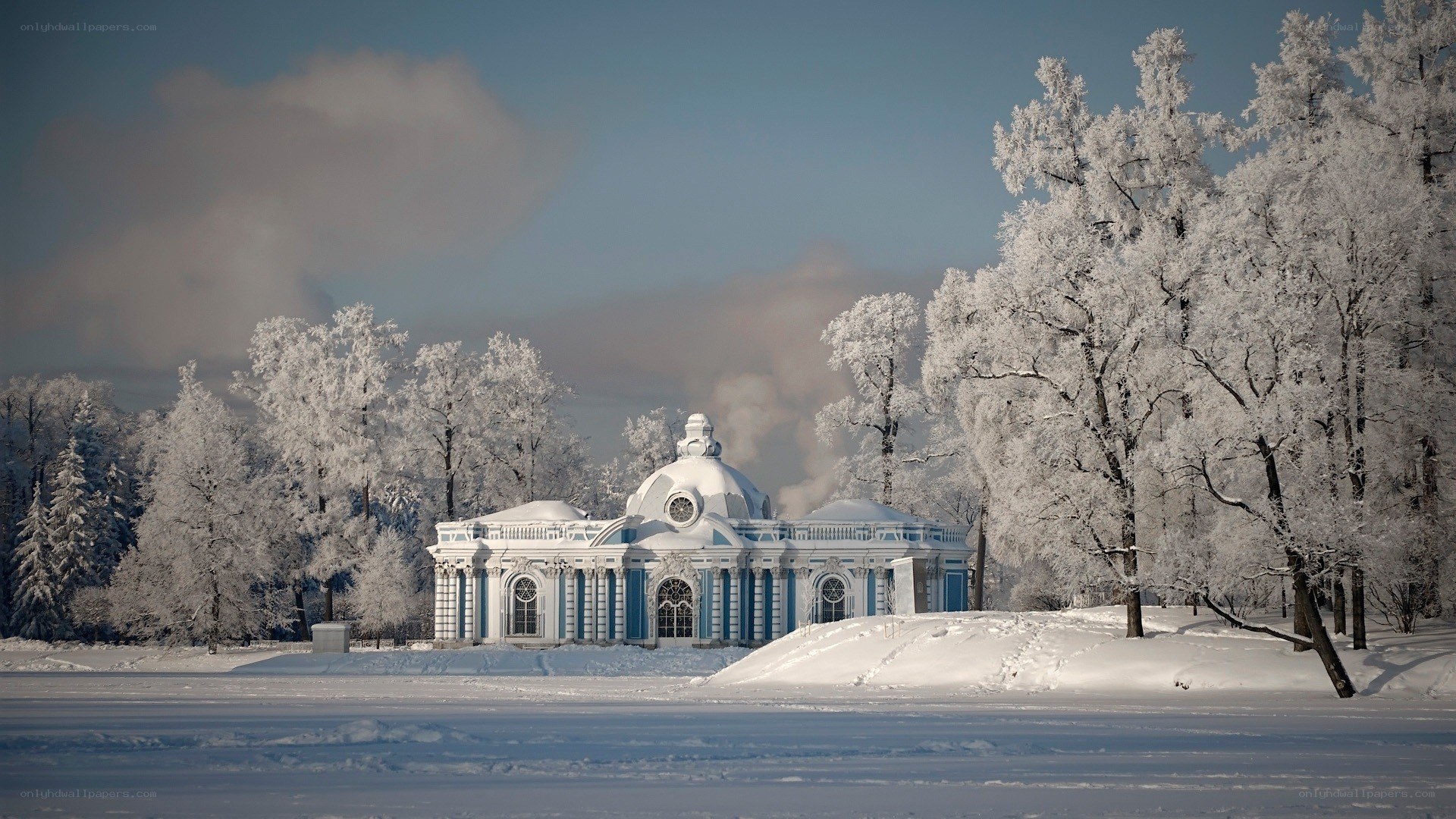 Winter palace in snow