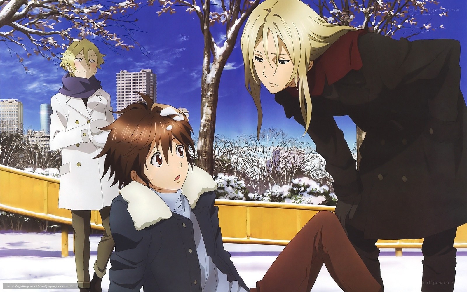 Winter park scene with anime characters