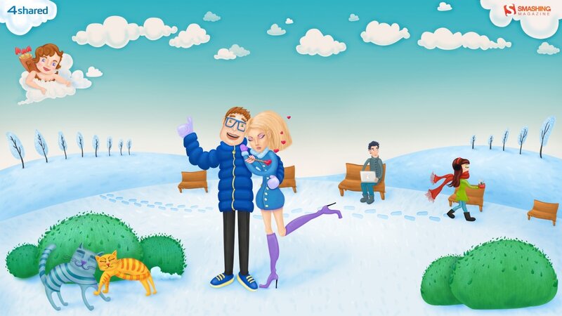 Winter park scene with couples