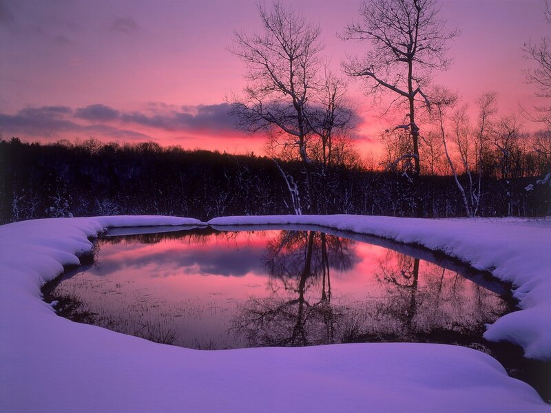 Winter pond at sunset