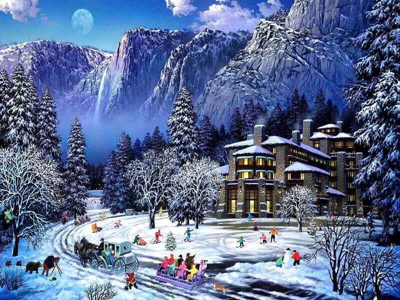 Winter resort scene with guests
