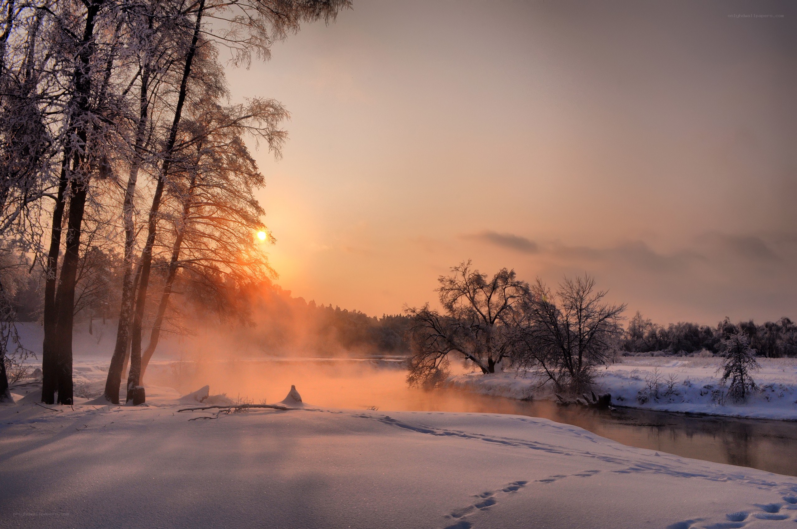 Winter river at sunrise