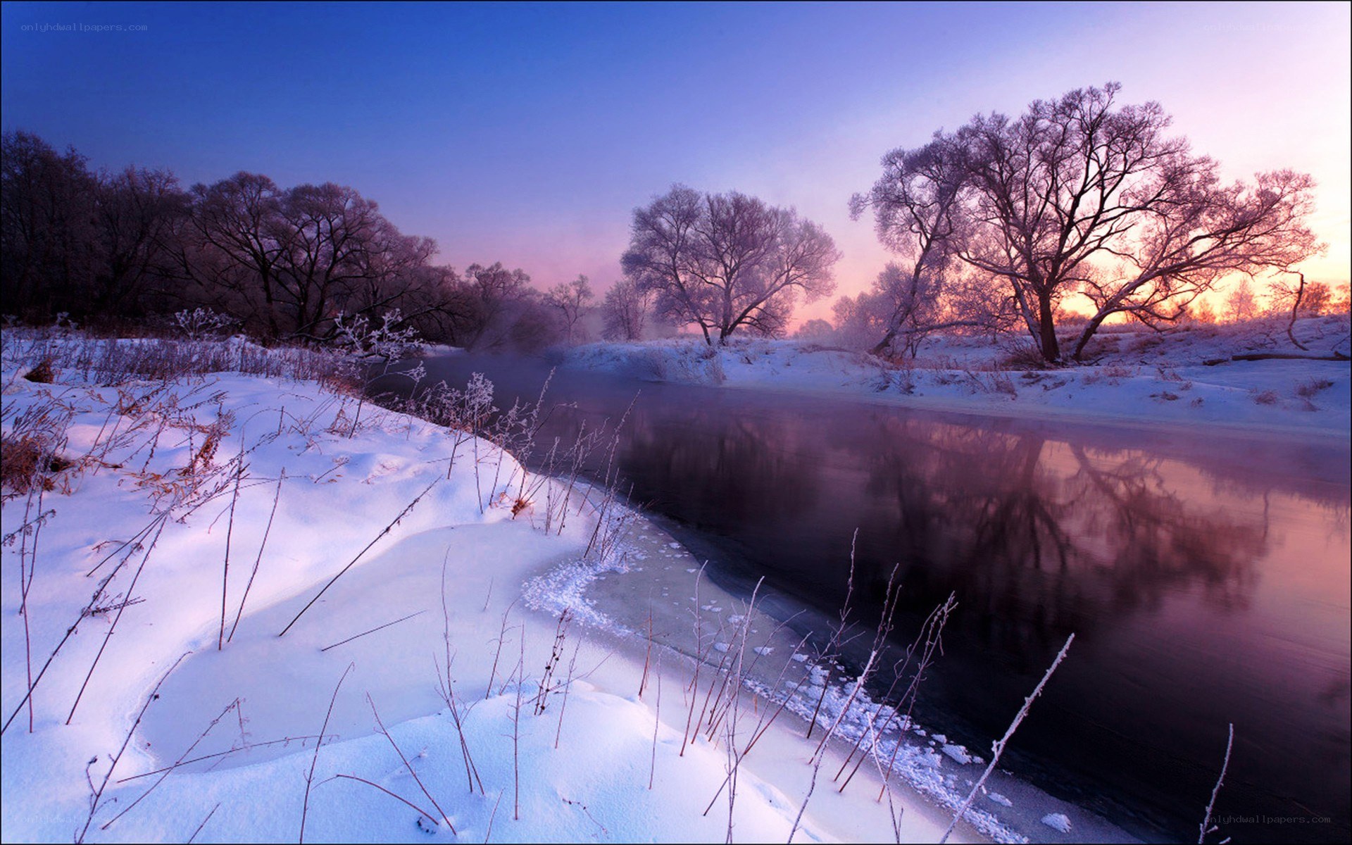 Winter river at sunrise