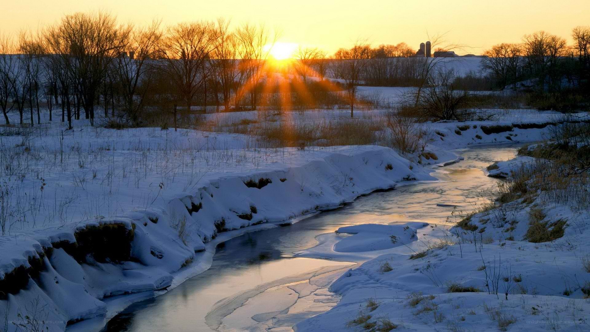 Winter river at sunset
