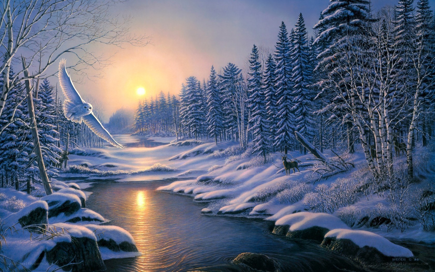 Winter river at sunset