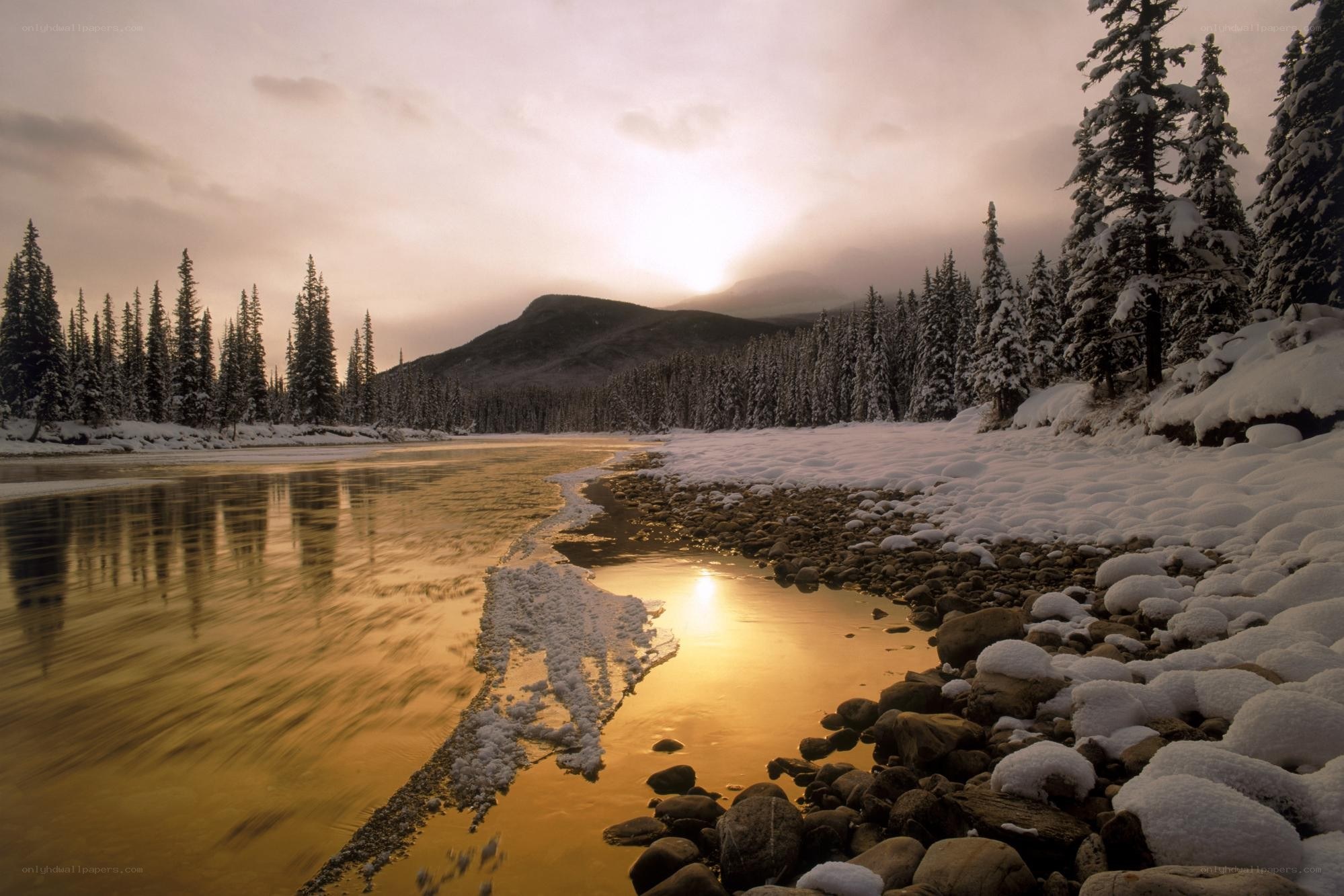 Winter river at sunset