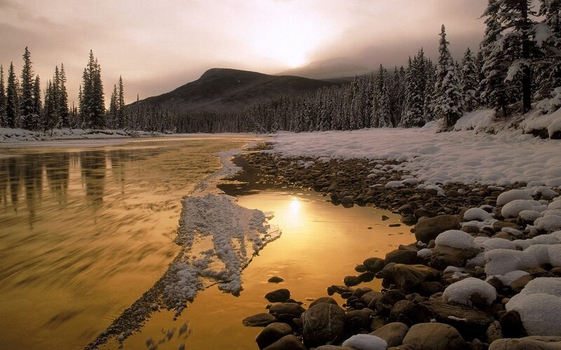 Winter river at sunset