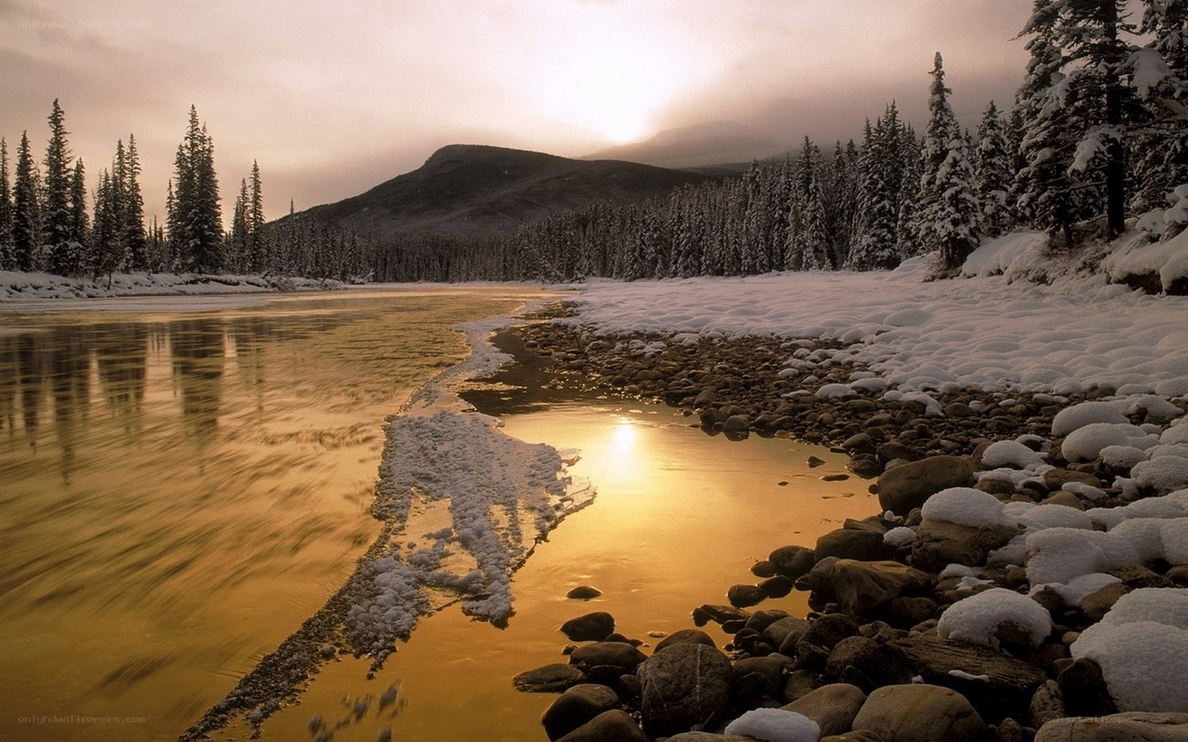 Winter river at sunset