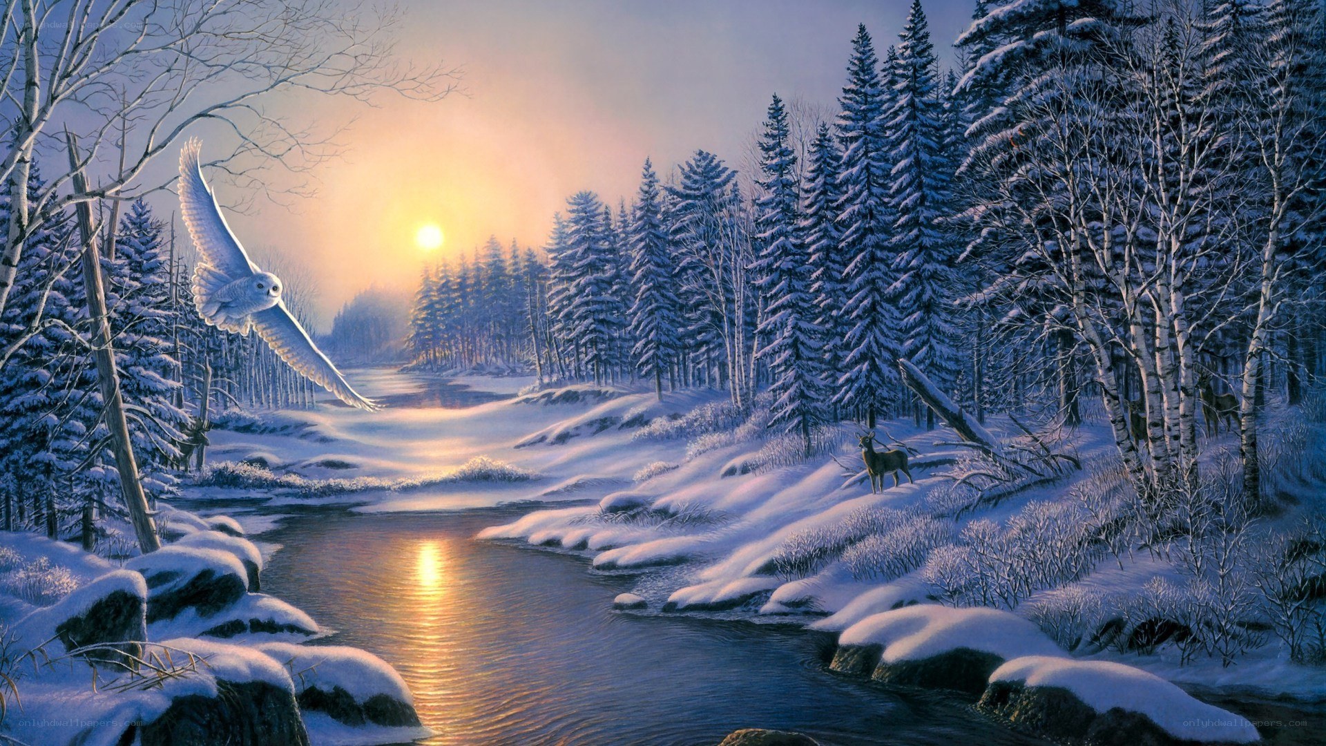 Winter river at sunset