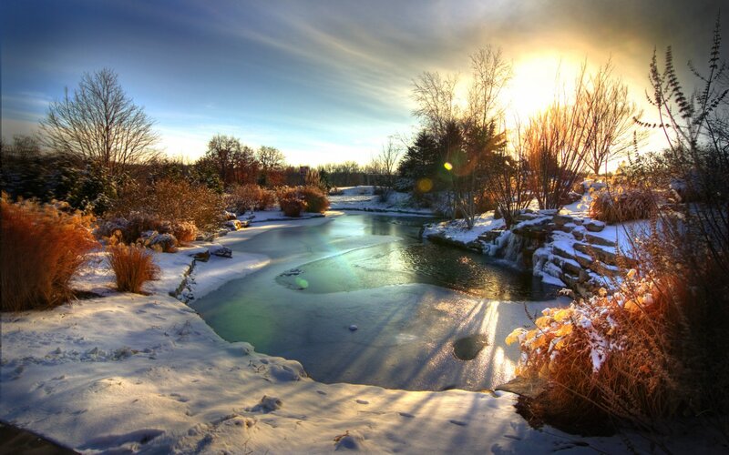 Winter river at sunset