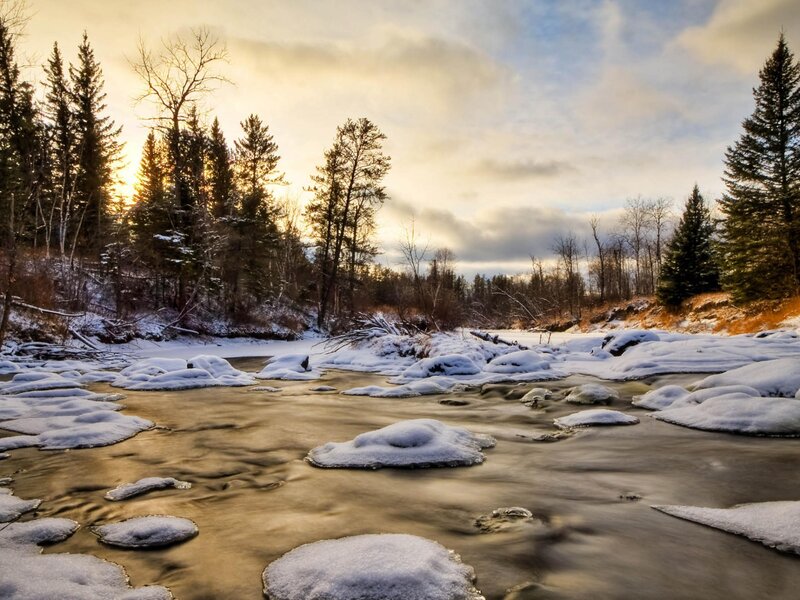 Winter river at sunset