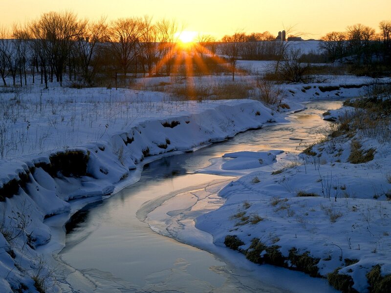 Winter river at sunset