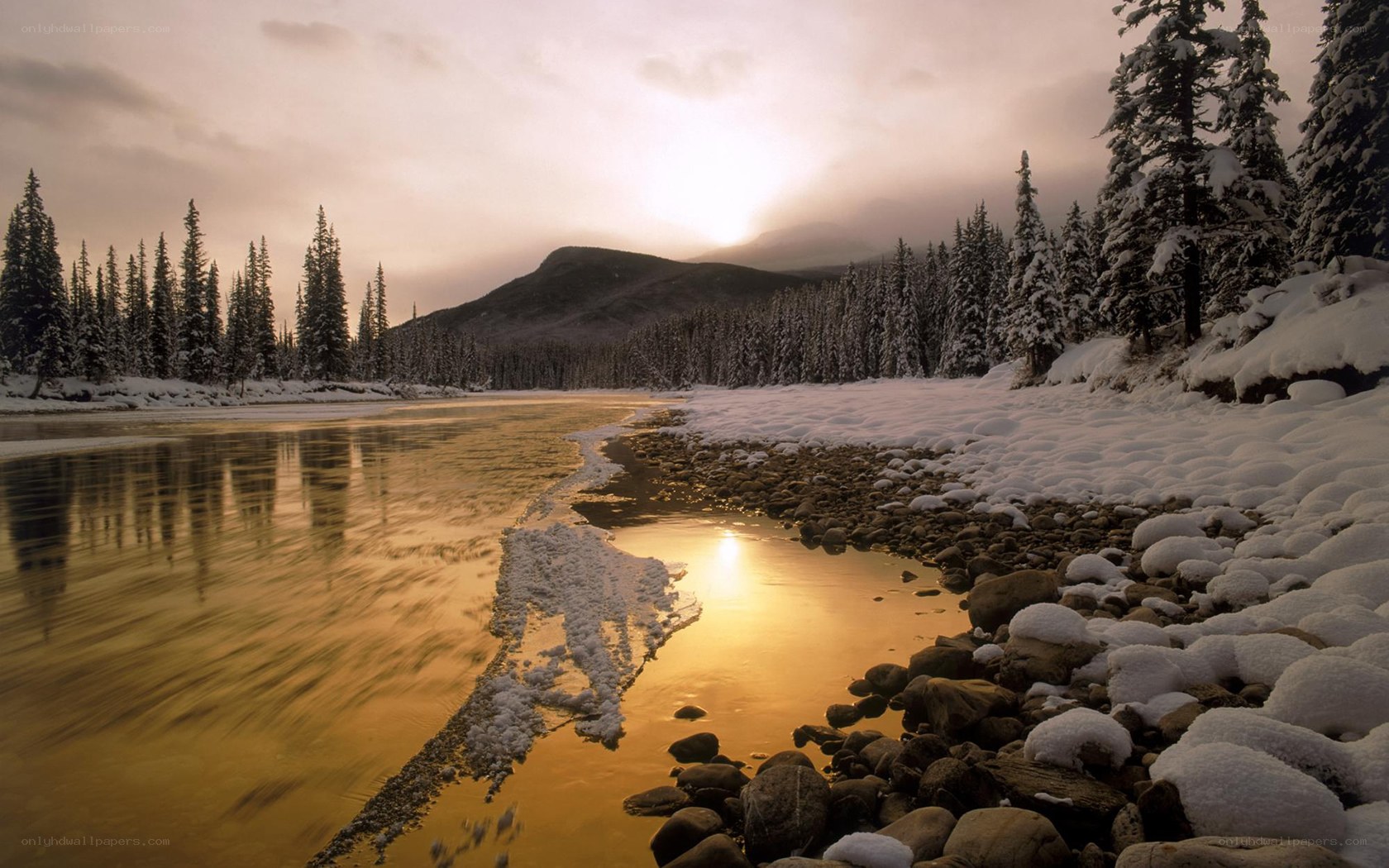 Winter river at sunset
