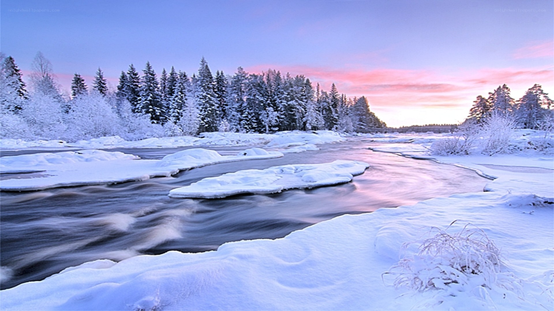 Winter river at sunset