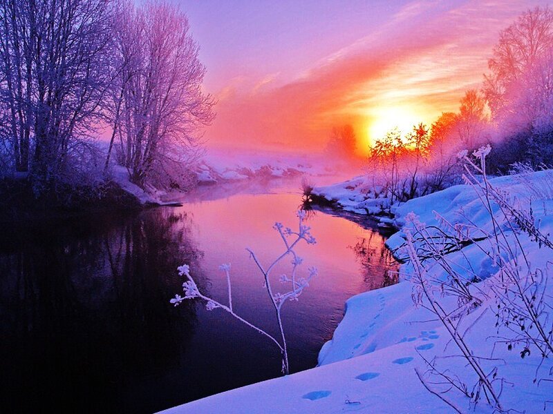 Winter river at sunset