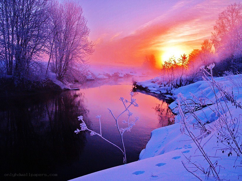 Winter river at sunset
