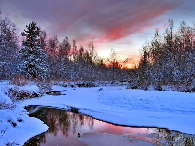 Winter river at sunset