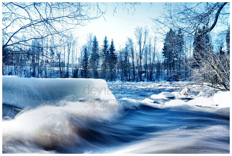 Winter river flowing through forest