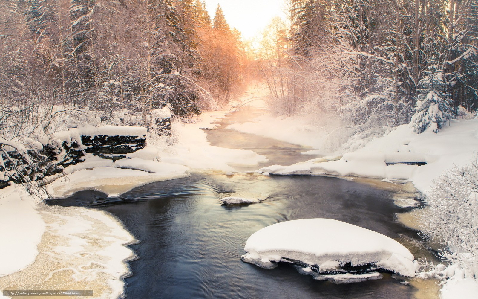 Winter river in snowy forest