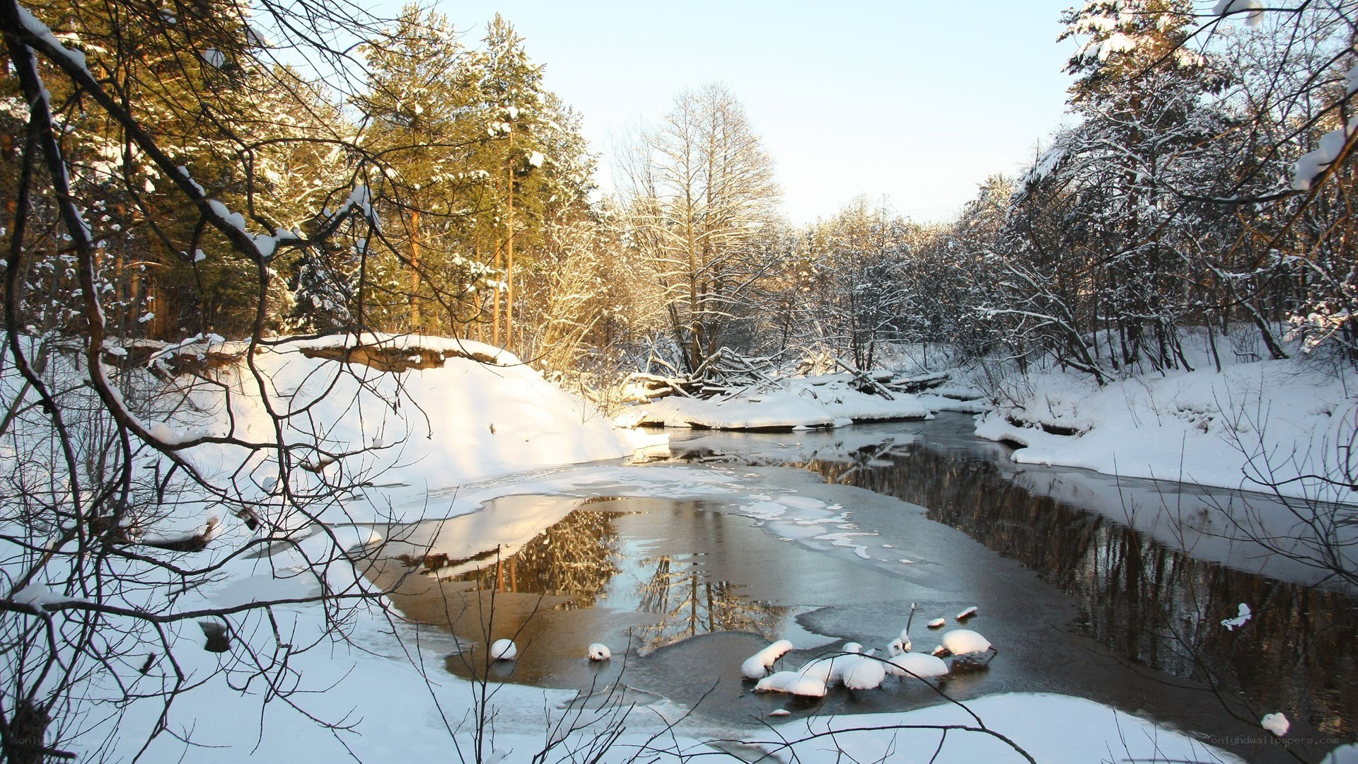 Winter river in snowy forest