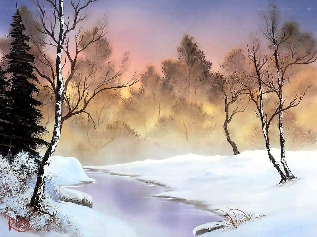 Winter river landscape painting