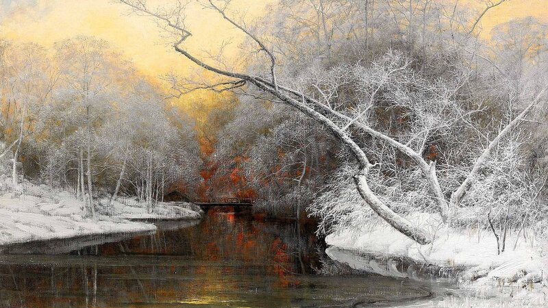 Winter river landscape painting