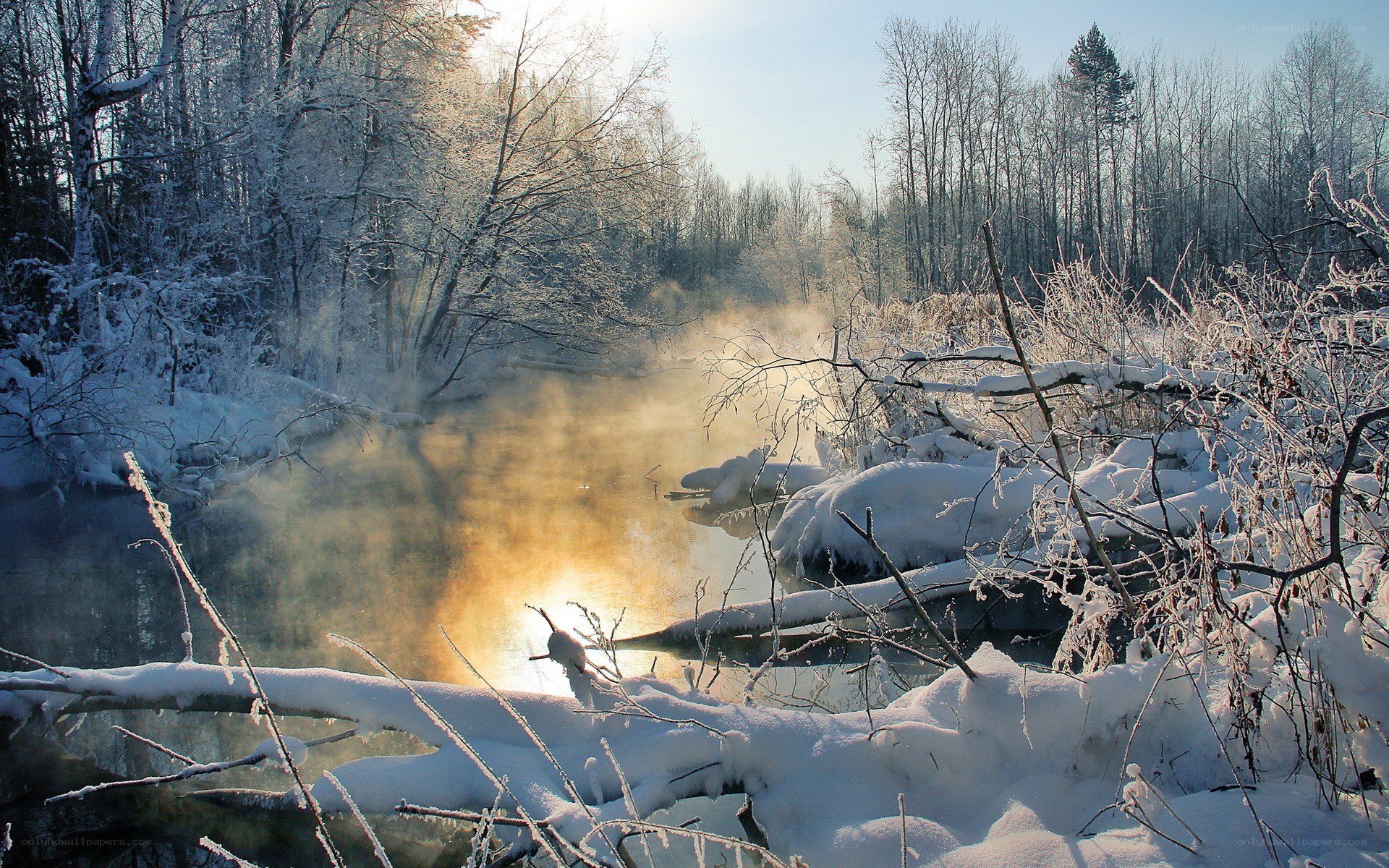 Winter river steam at sunrise