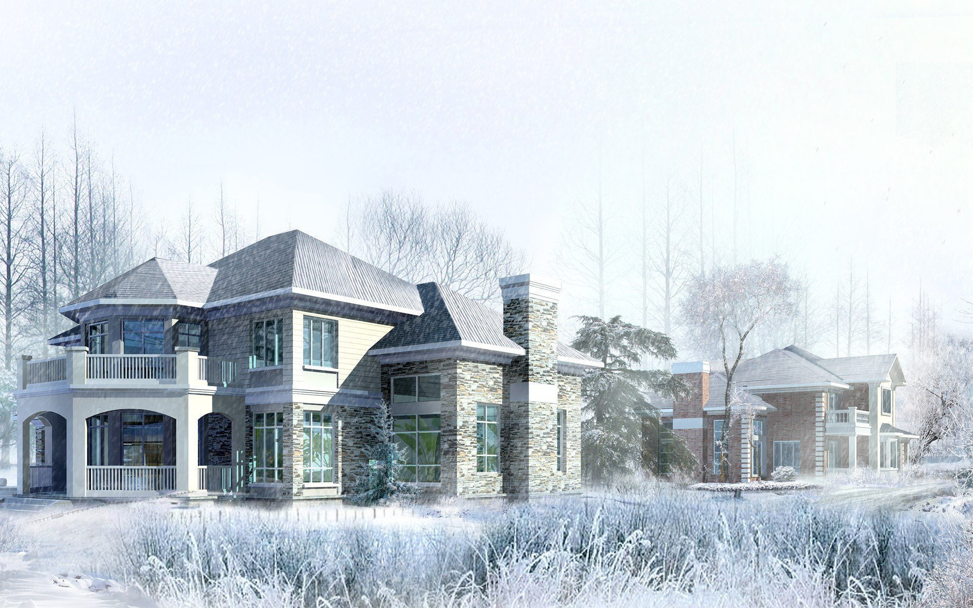 Winter scene with houses