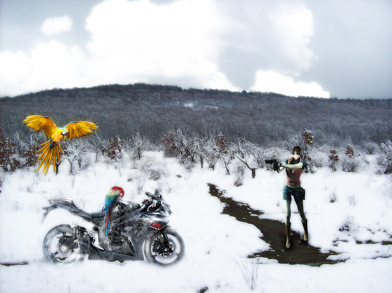 Winter scene with motorcycle and character