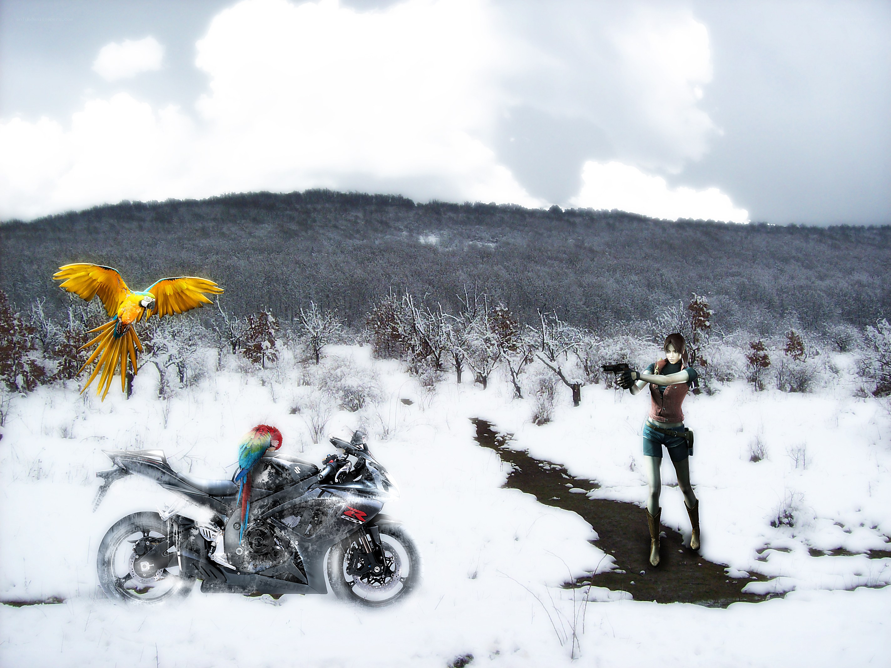 Winter scene with motorcycle and character