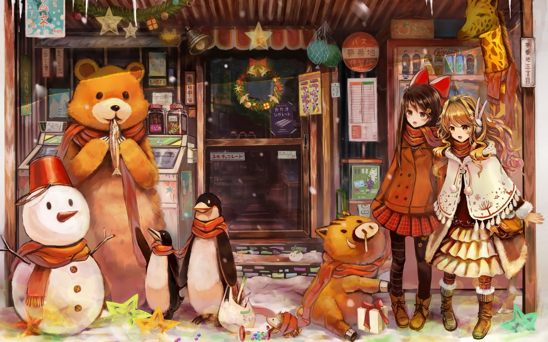 Winter shop scene with characters