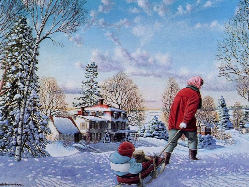 Winter sled ride with child