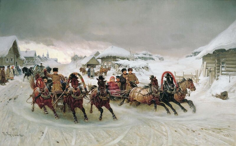 Winter Sleigh Ride in a Village