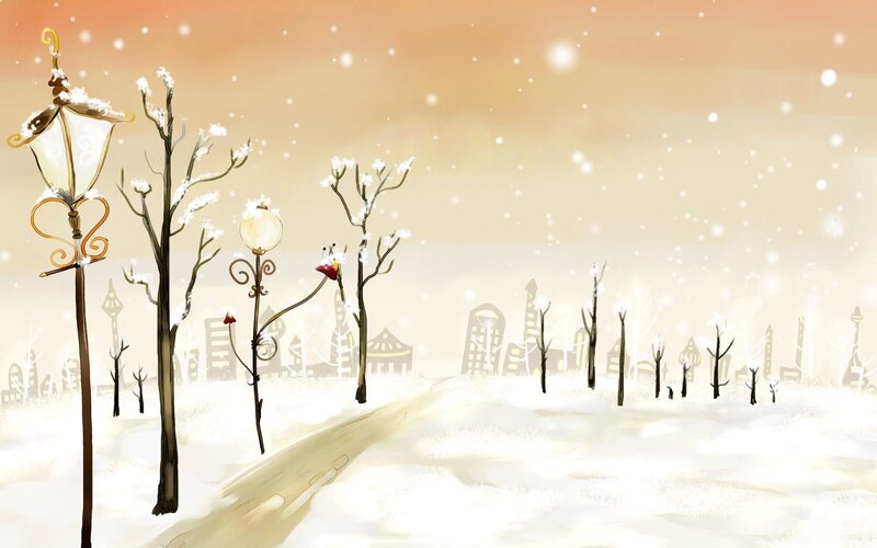 Winter snow scene with street lamps