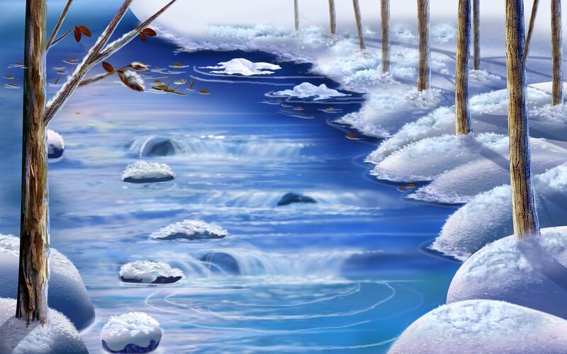 Winter Stream in Snowy Forest