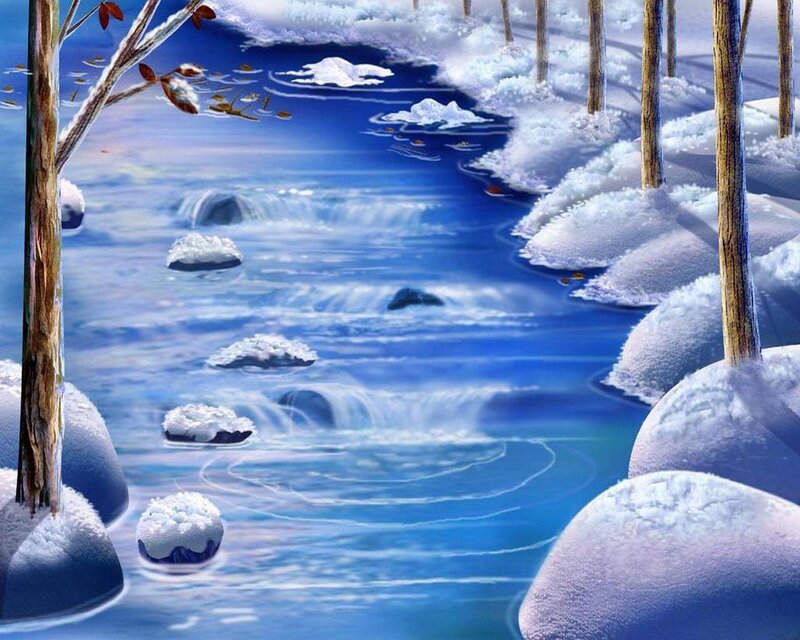 Winter stream in snowy forest