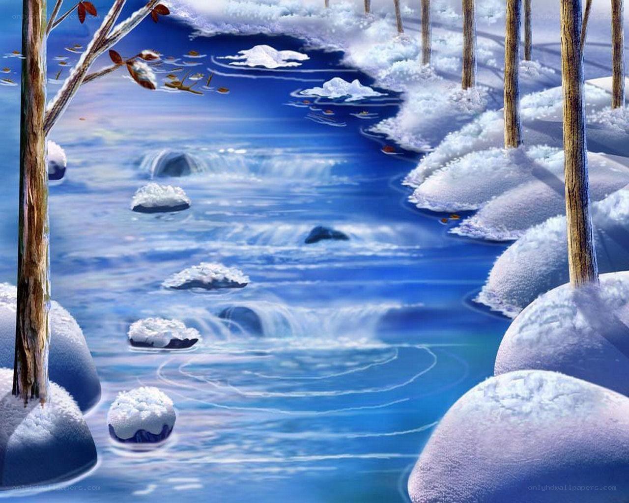 Winter stream in snowy forest