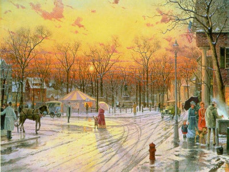Winter street scene at sunset