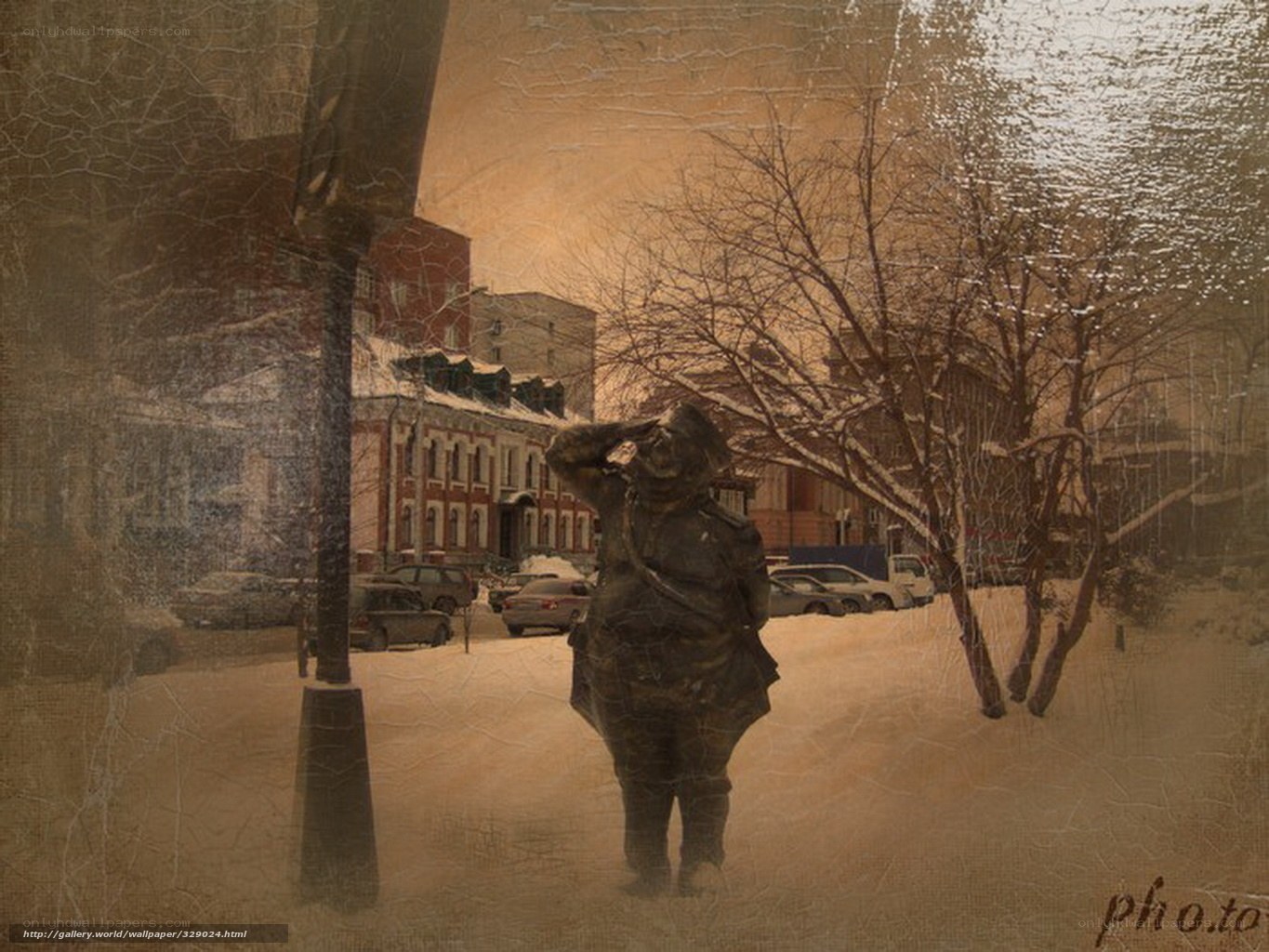 Winter street with statue