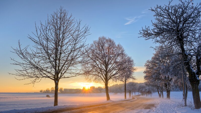 Winter sunrise on a snowy road