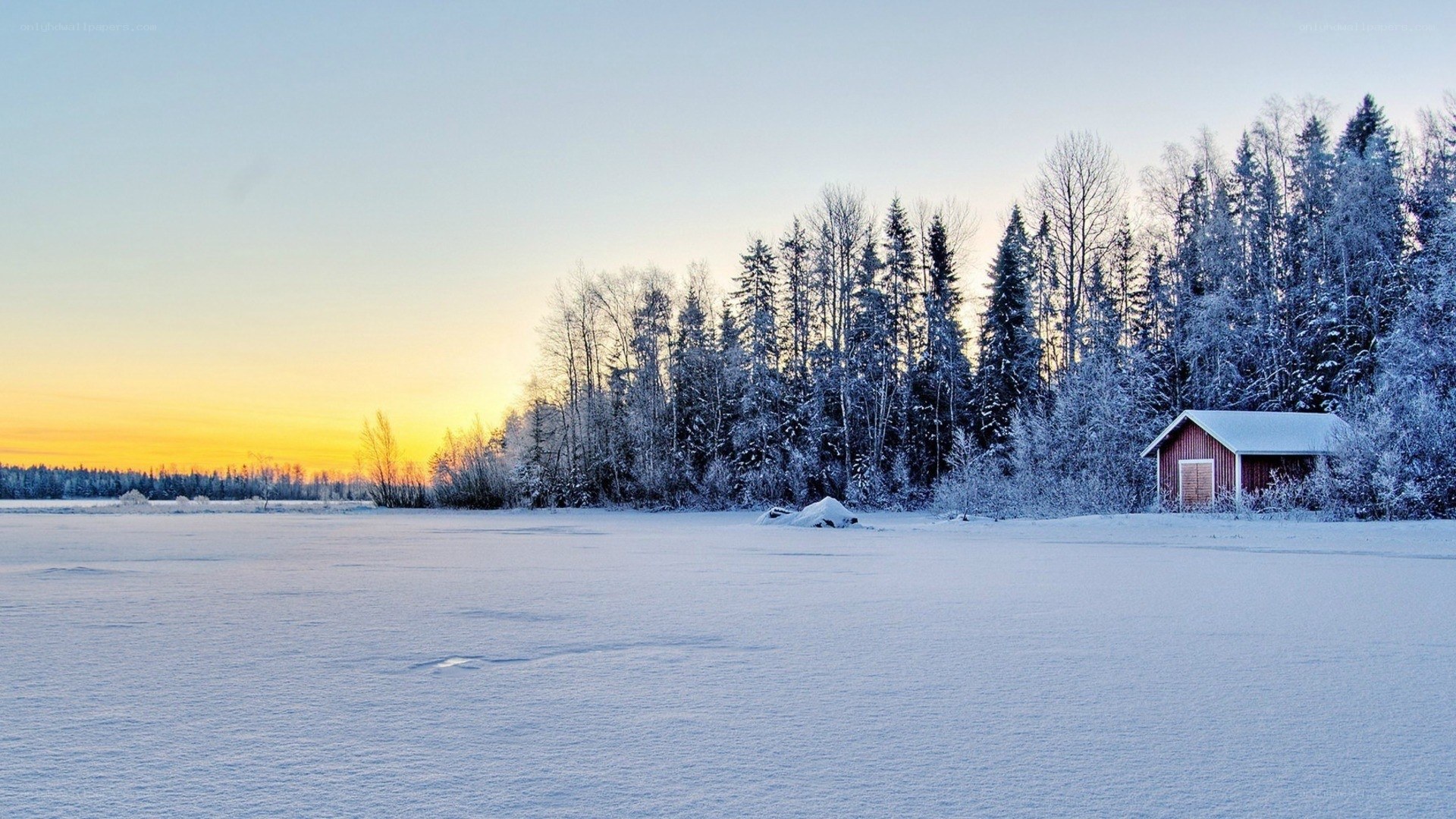 Winter sunset by a red cabin