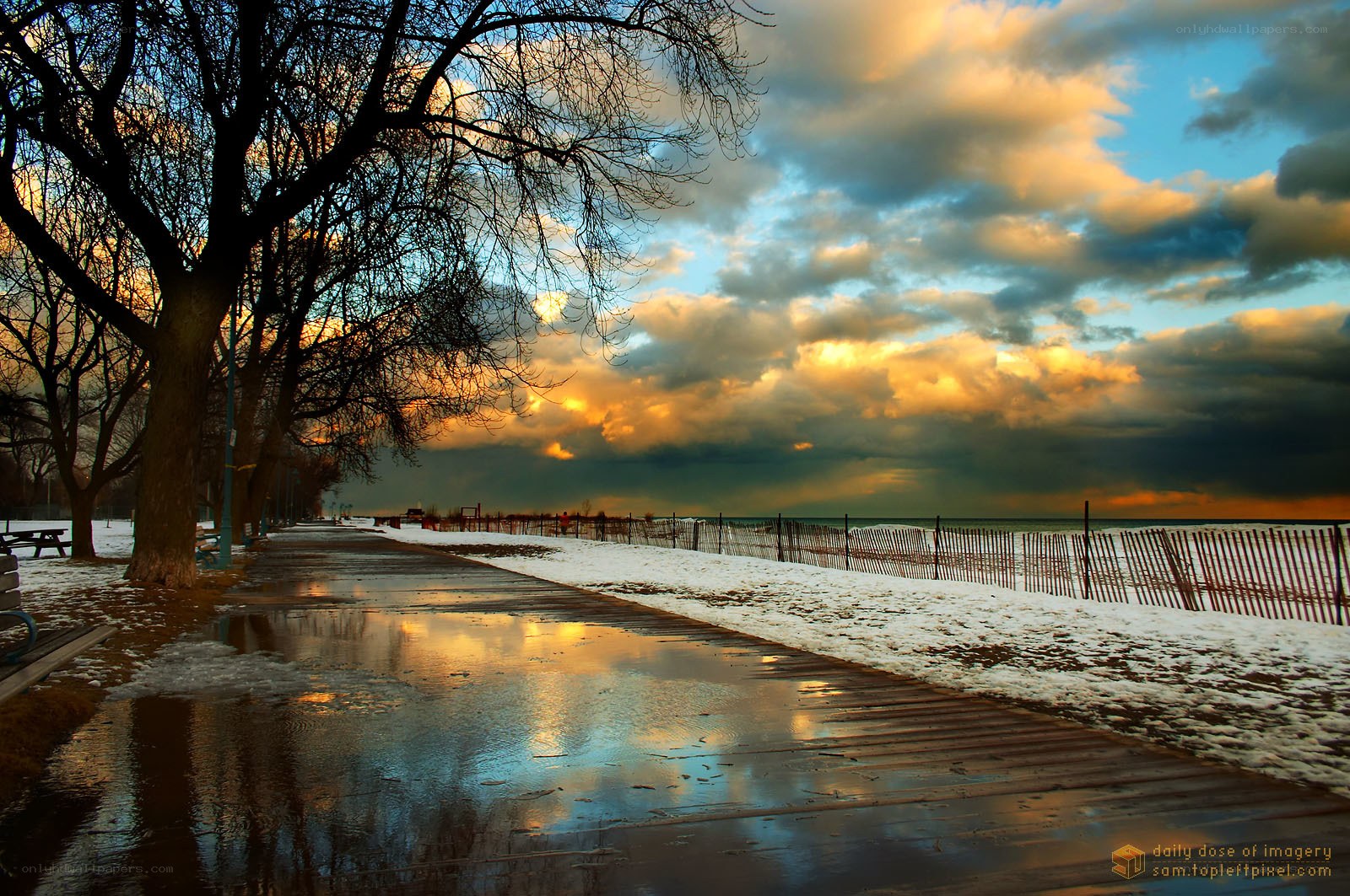 Winter sunset by the lake