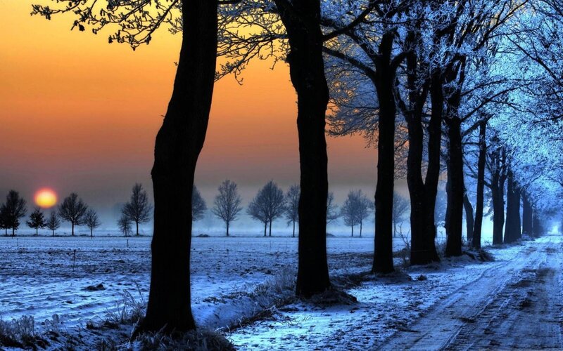 Winter sunset on a frosty road