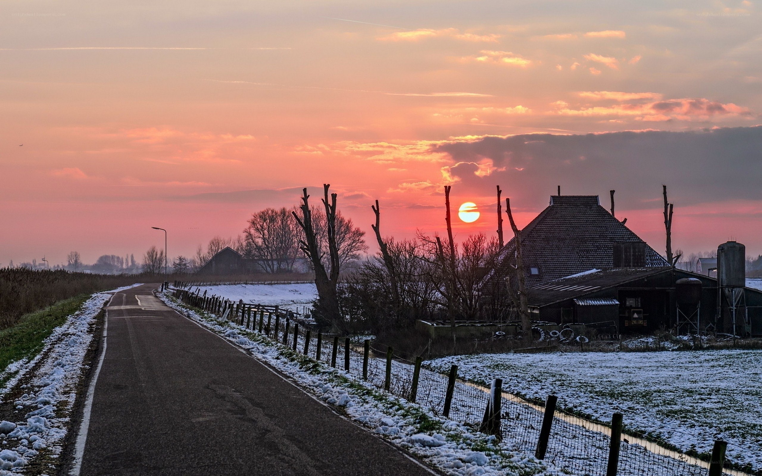 Winter sunset on a rural road