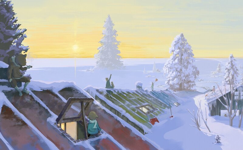 Winter sunset on a snowy village