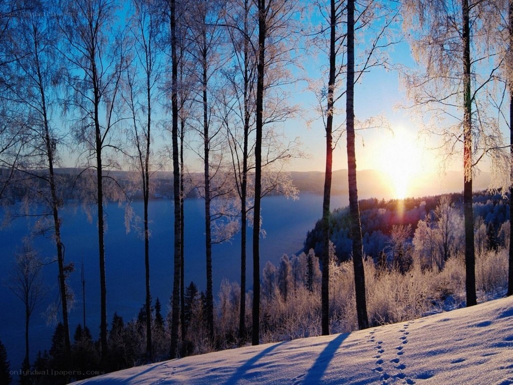 Winter sunset over a frozen lake