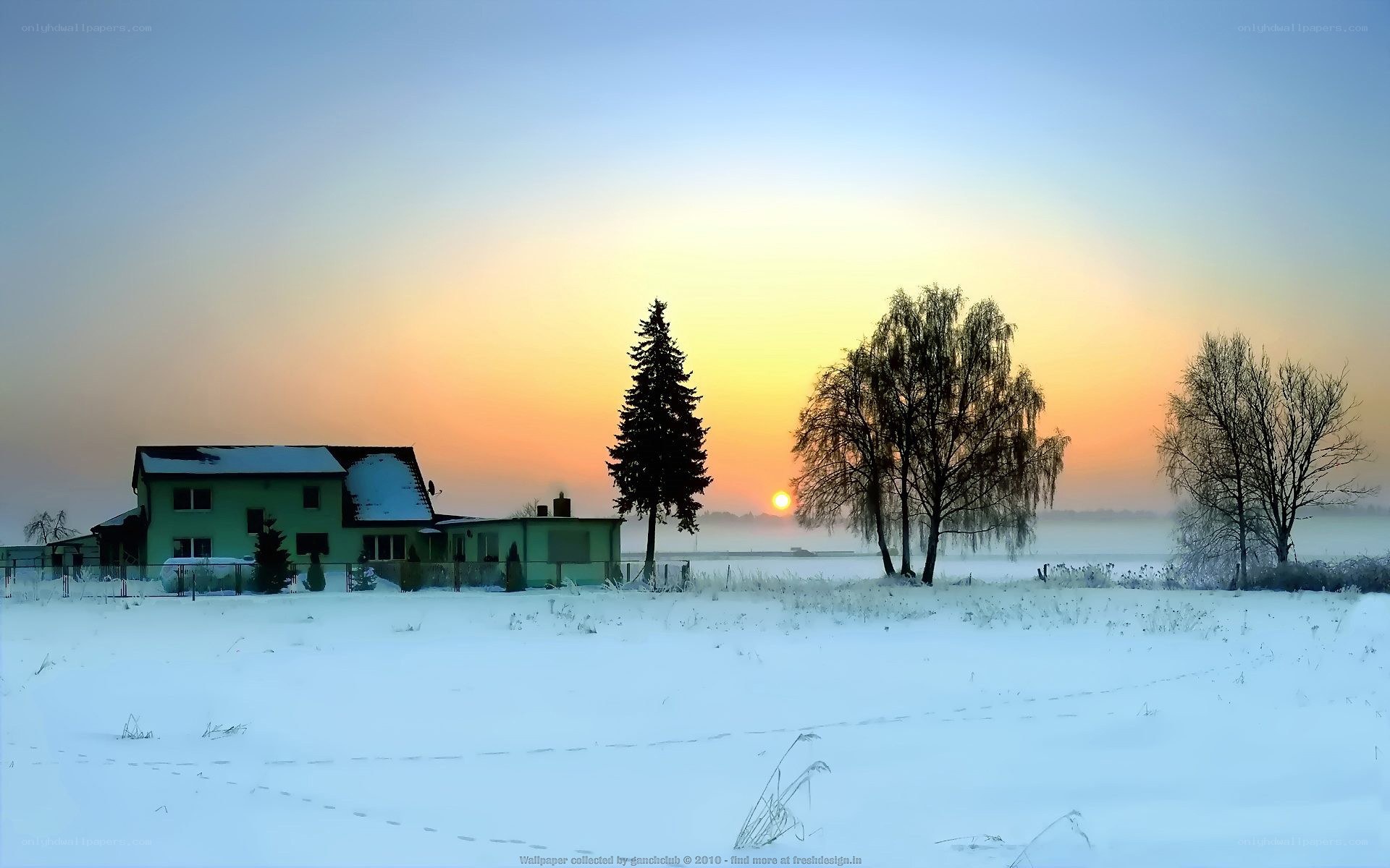 Winter sunset over a snowy house