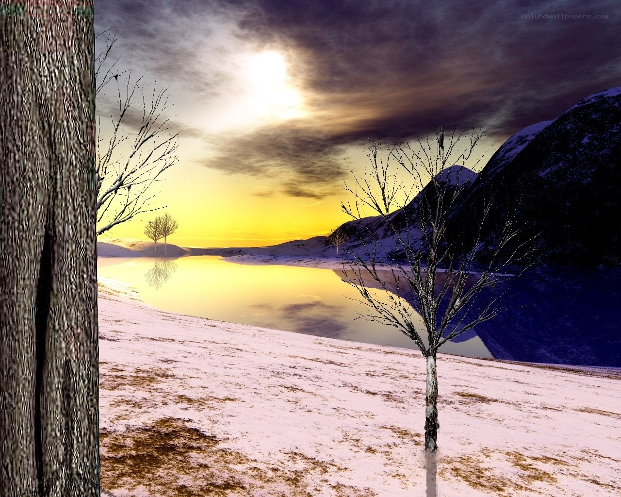 Winter sunset over a snowy lake