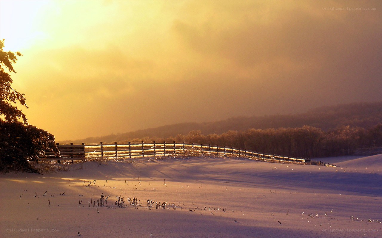 Winter sunset over snowy field